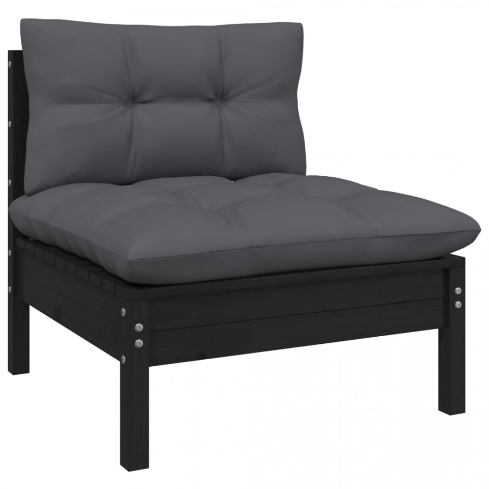 Set mobilier grădină cu perne, 5 piese, negru, lemn de pin