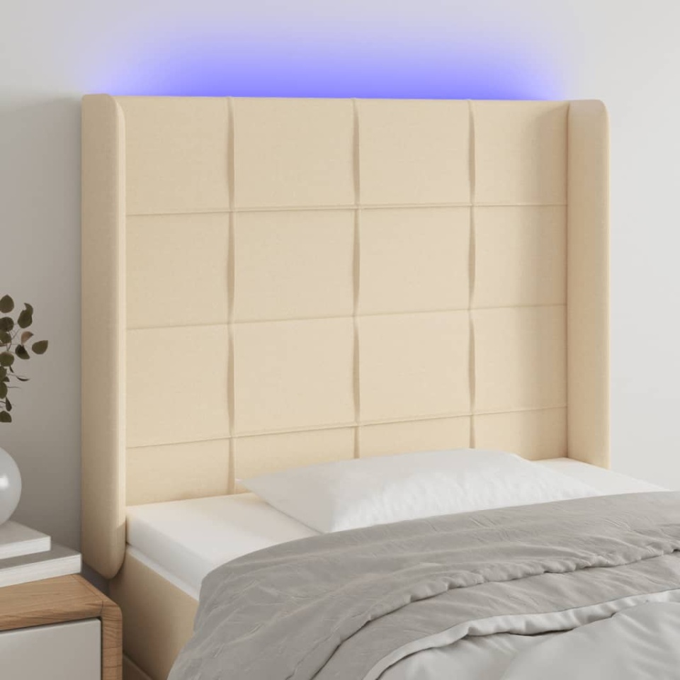Tăblie de pat cu LED, crem, 83x16x118/128 cm, textil