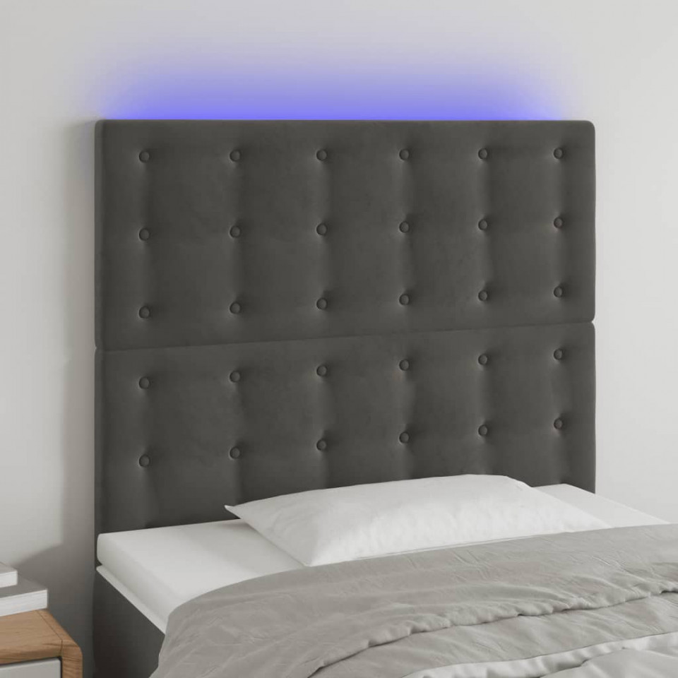 Tăblie de pat cu LED, gri închis, 100x5x118/128 cm, textil