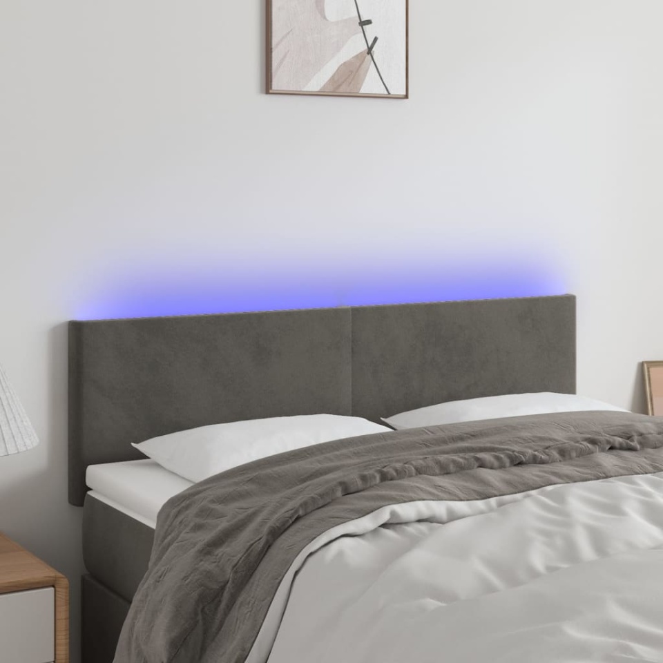 Tăblie de pat cu LED, gri închis, 144x5x78/88 cm, catifea