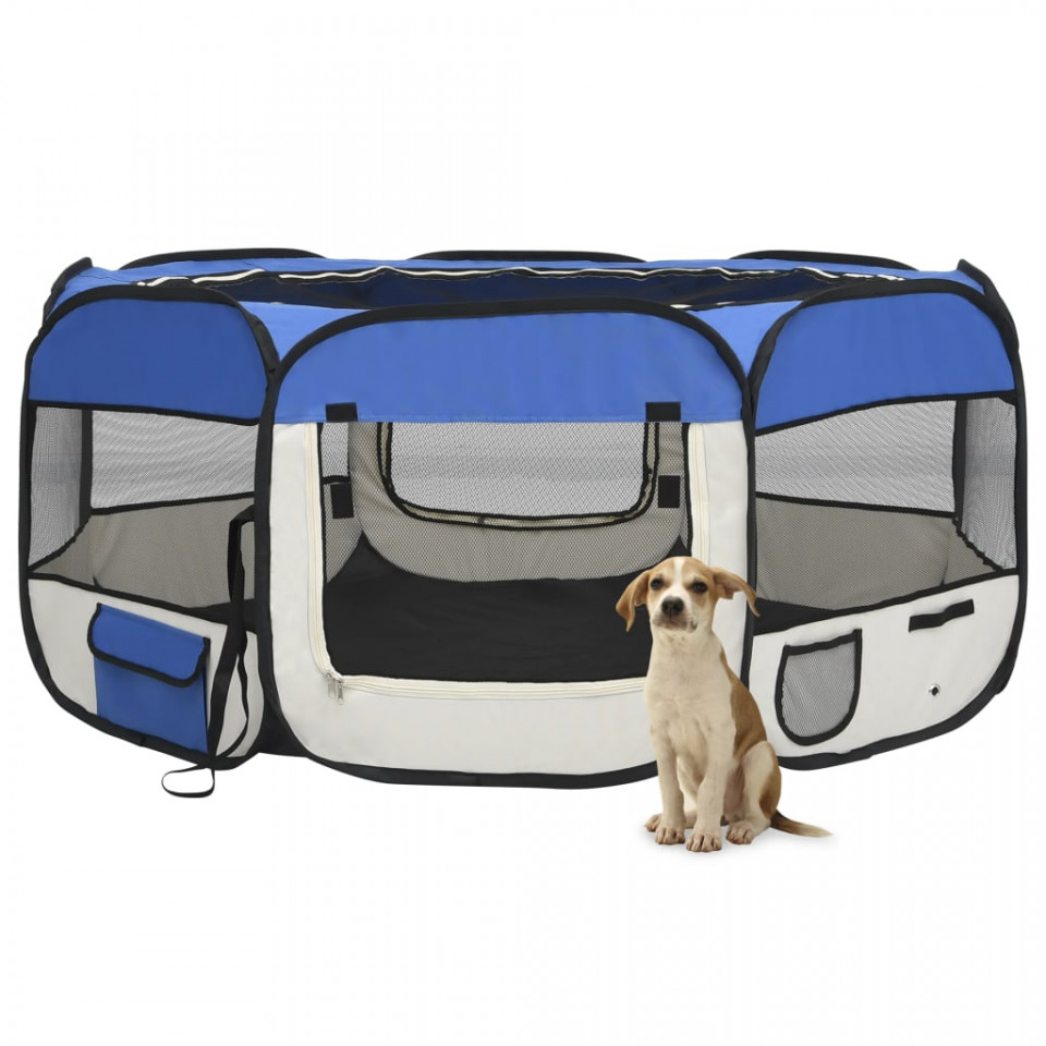 Țarc câini pliabil cu sac de transport, albastru, 145x145x61 cm