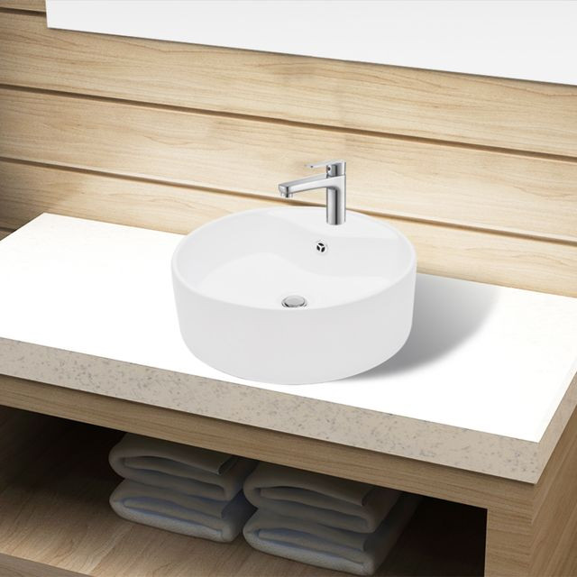 Bazin chiuvetă ceramică baie cu gaură robinet/preaplin, rotund, alb Casa Practica