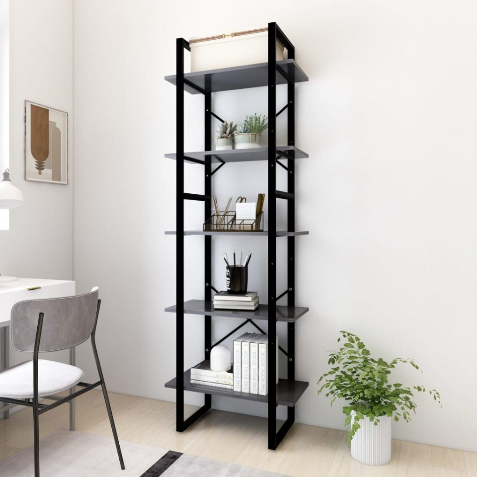Bibliotecă cu 5 rafturi, gri, 60x30x175 cm, PAL