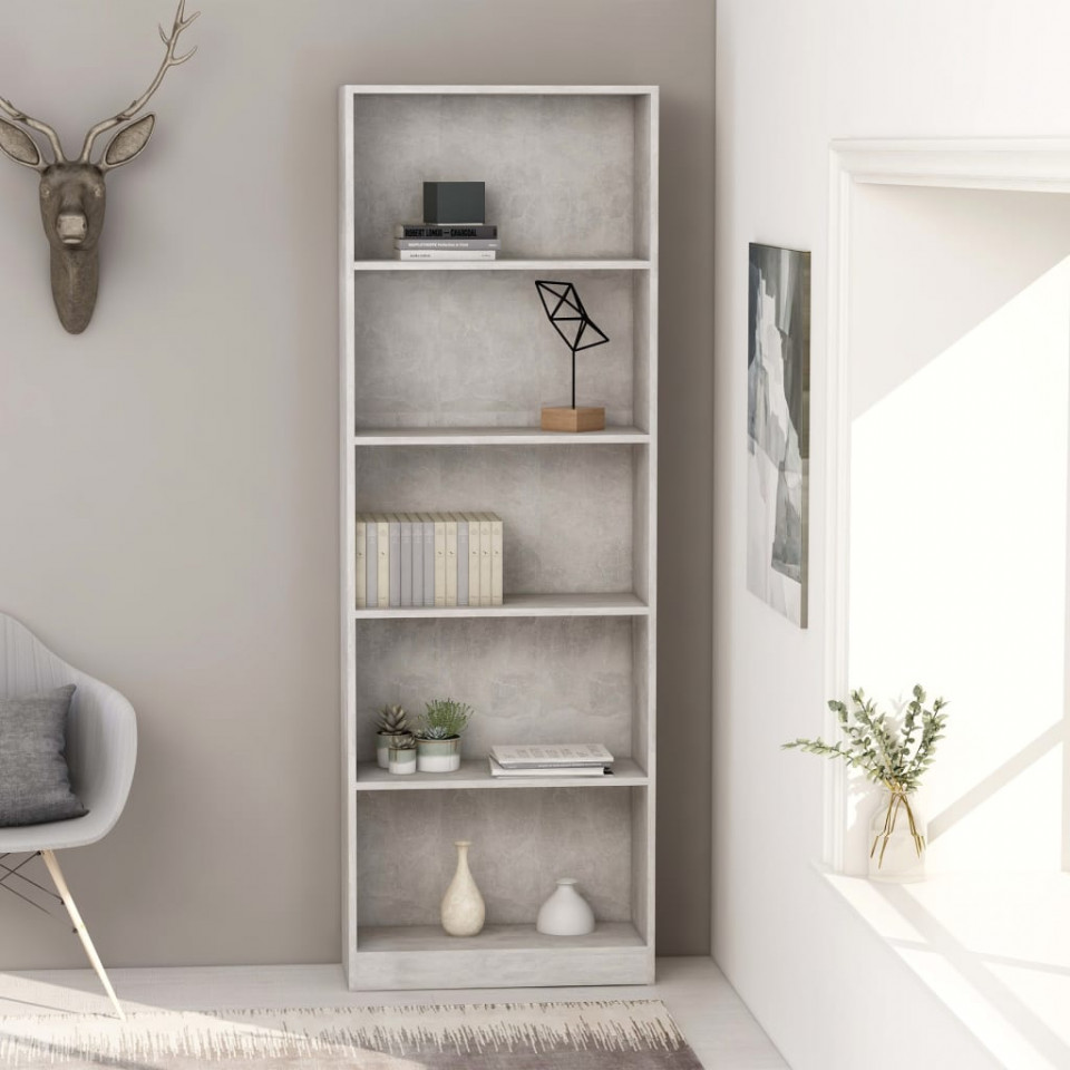 Bibliotecă cu 5 rafturi, gri beton, 60x24x175 cm, pal