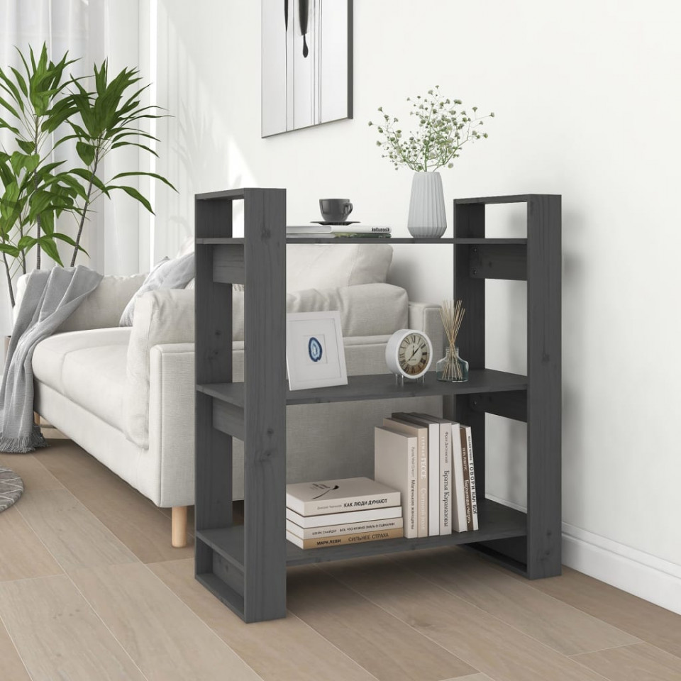 Bibliotecă/separator cameră, gri, 80x35x91 cm, lemn masiv pin