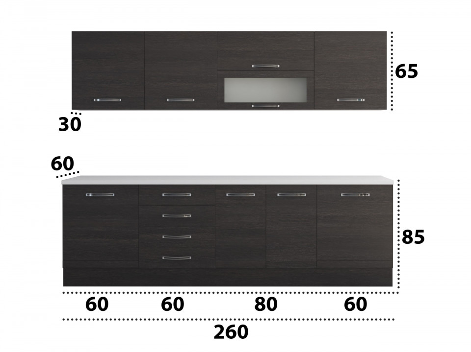 Bucatarie Alfa 260, Cu vitrina, Wenge, Blat termic alb