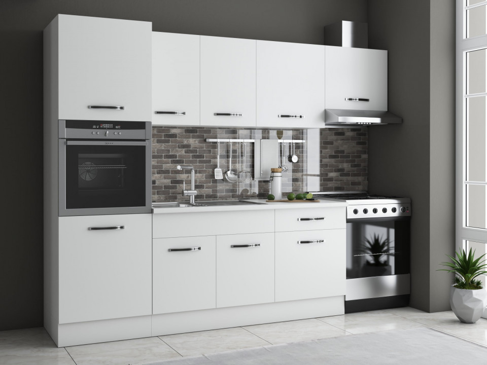 Bucatarie Sofia 260 cm, Alb, Blat termic alb, Corp cuptor incorporabil