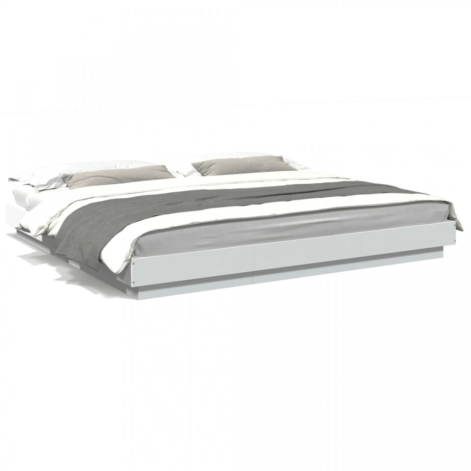 Cadru de pat cu lumini LED, alb, 200x200 cm, lemn prelucrat