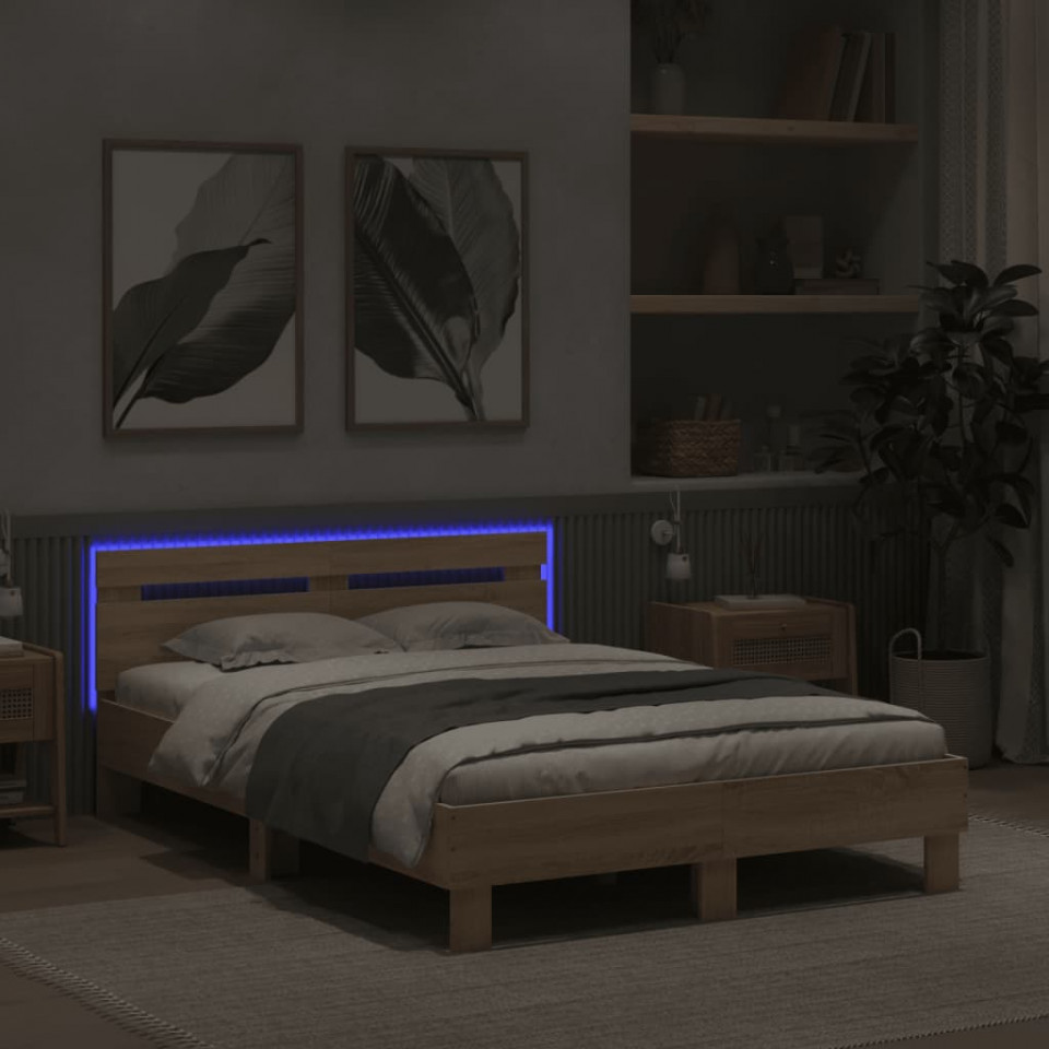 Cadru de pat cu tăblie și LED, stejar sonoma, 120x200 cm