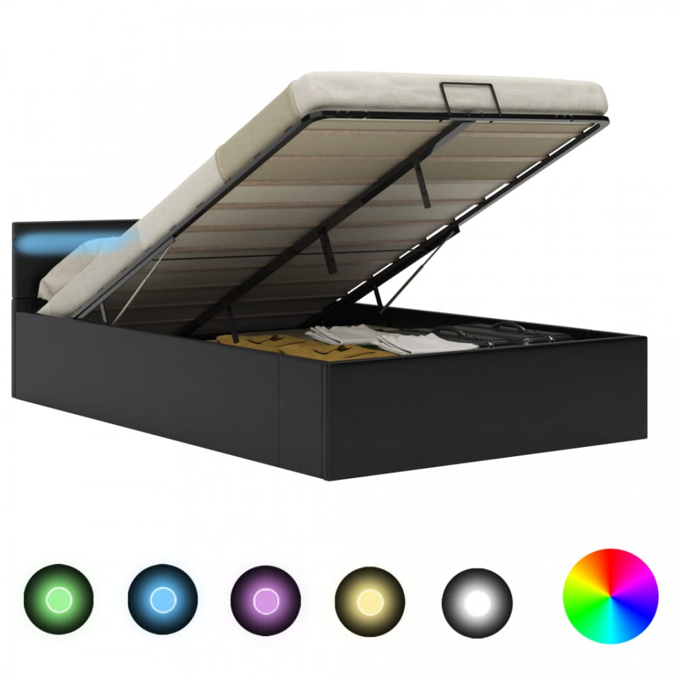Cadru pat hidraulic ladă, LED, negru 140x200 cm piele ecologică