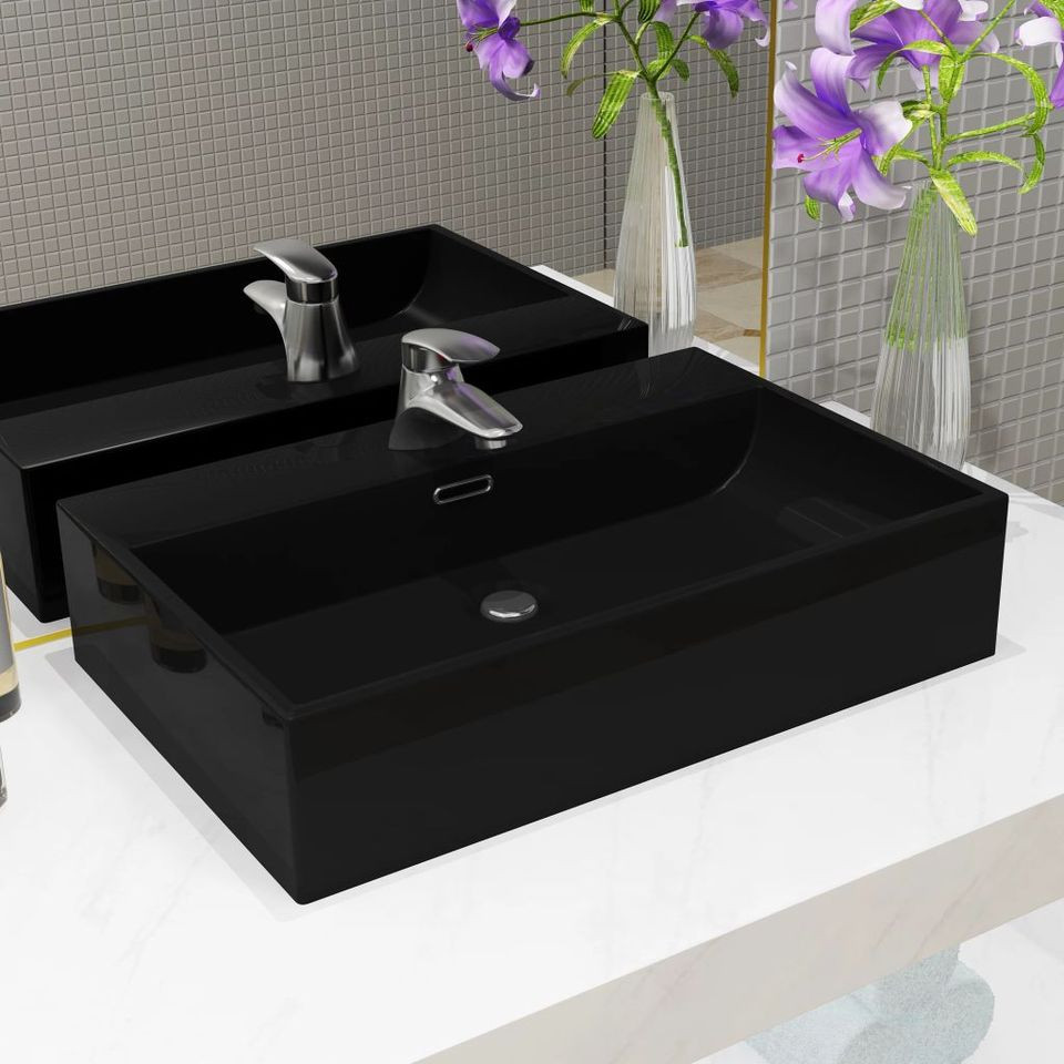 Chiuvetă baie, orificiu robinet, ceramică 76×42,5×14,5 cm negru 76x425x145