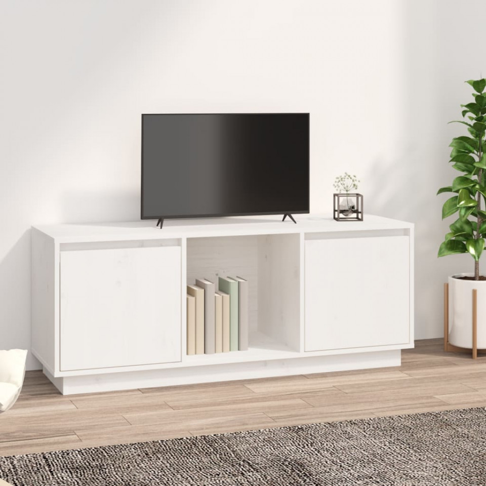 Comodă tv, alb, 110,5x35x44 cm, lemn masiv de pin