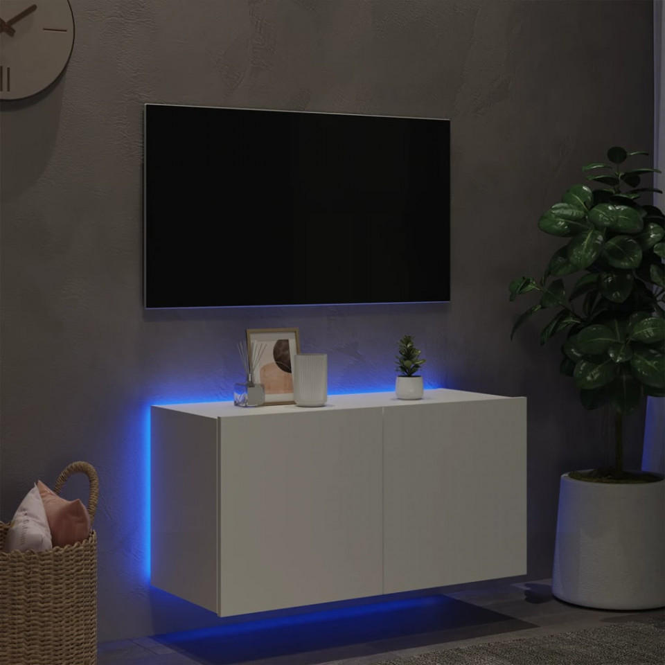 Comodă TV de perete cu lumini LED, alb, 80x35x41 cm