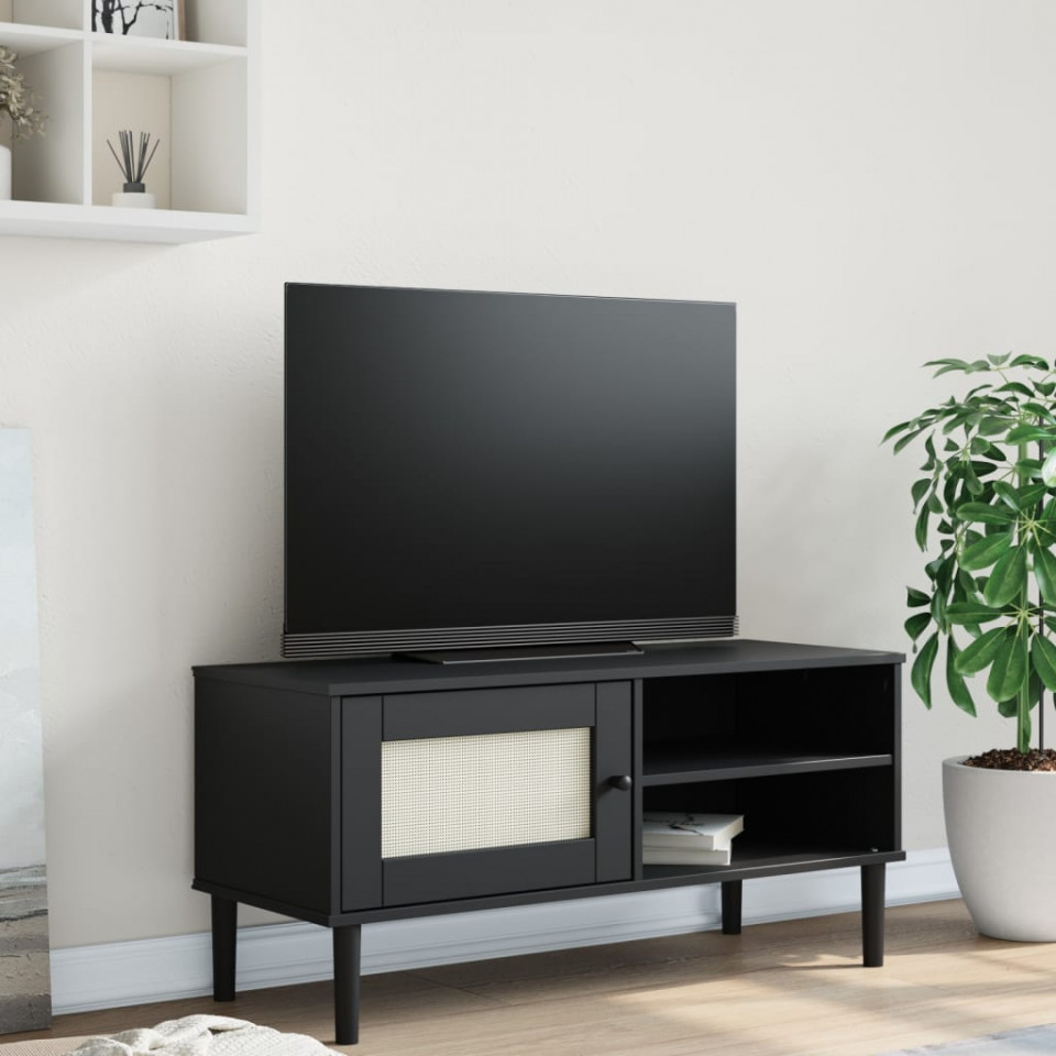 Comodă TV SENJA aspect ratan negru 106x40x49 cm lemn masiv pin