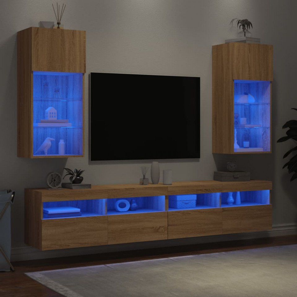Comode TV cu lumini LED, 2 buc., stejar sonoma, 40,5x30x90 cm
