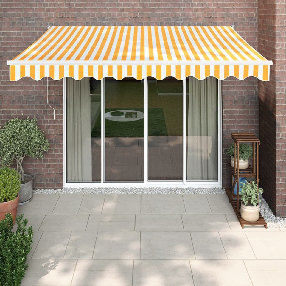 Copertină retractabilă automată, galben și alb, 3x2,5 m