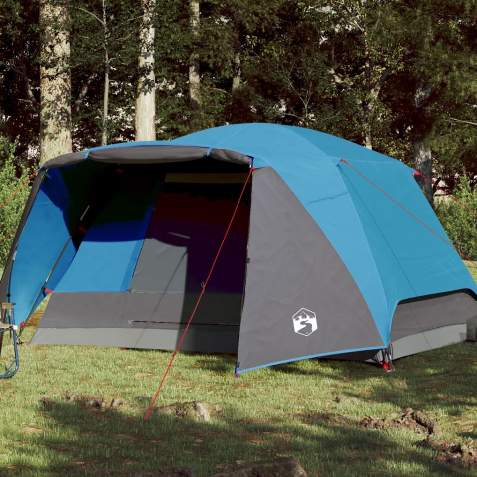 Cort de camping 6 persoane albastru, 412x370x190 cm, tafta 190T