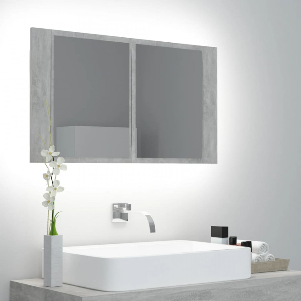 Dulap de baie cu oglindă & LED, gri beton, 80x12x45 cm acril