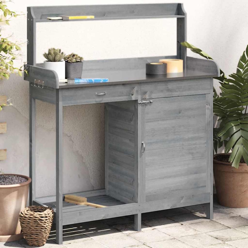 Masă plantare cu dulap, gri, 110,5x45x124,5 cm lemn masiv brad