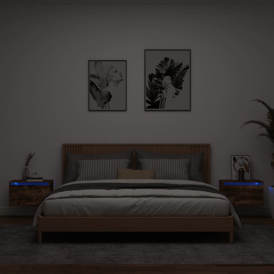 Noptiere montate pe perete cu lumini LED, 2 buc.,stejar fumuriu