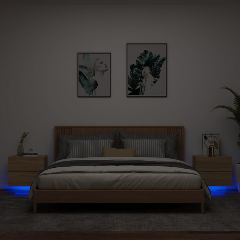 Noptiere montate pe perete cu lumini LED, 2 buc., stejar sonoma