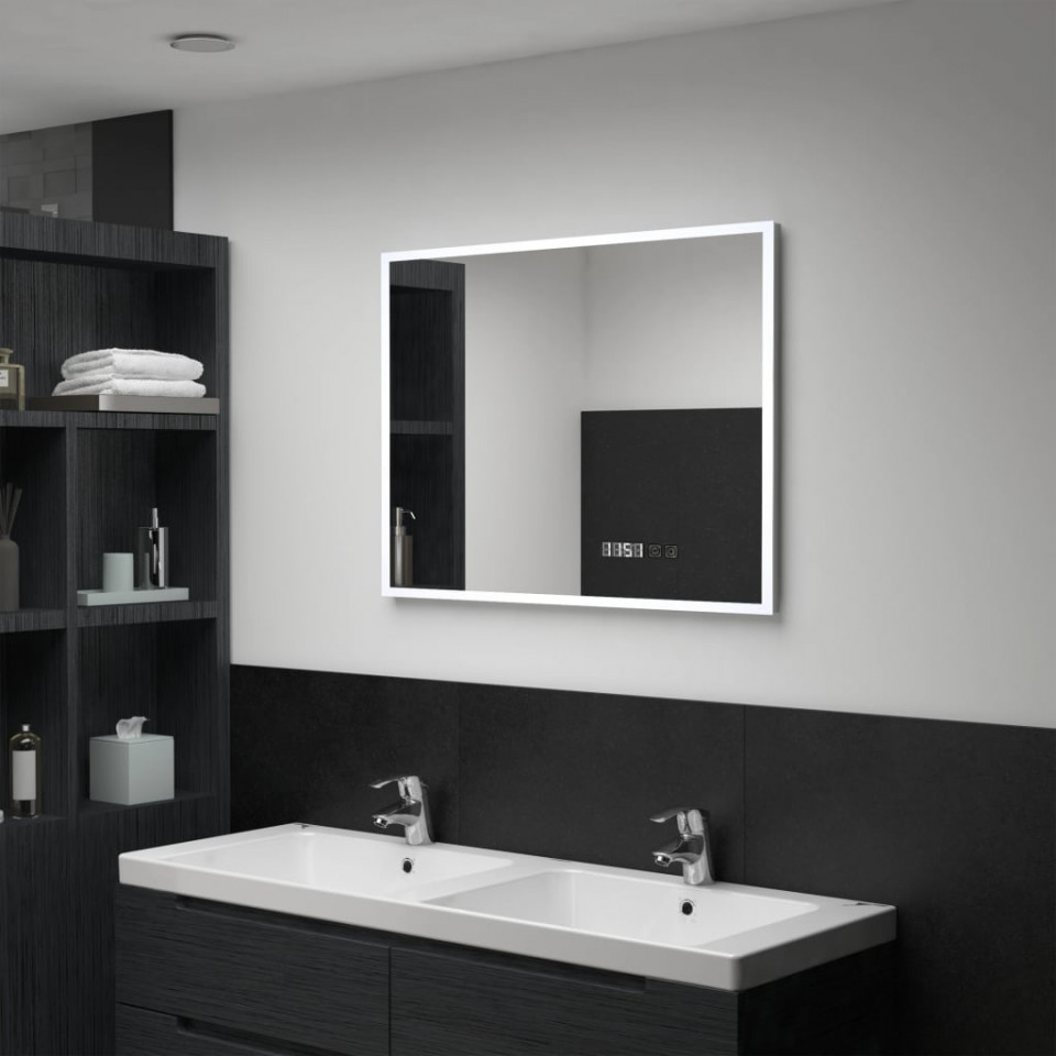 Oglindă cu LED de baie cu senzor tactil și afișaj oră, 80×60 cm 80x60