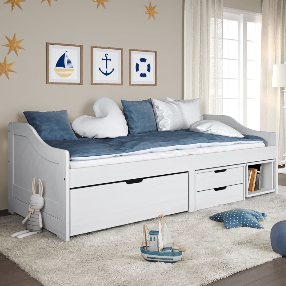 Pat de zi cu 3 sertare IRUN, alb, 90x200 cm, lemn masiv pin