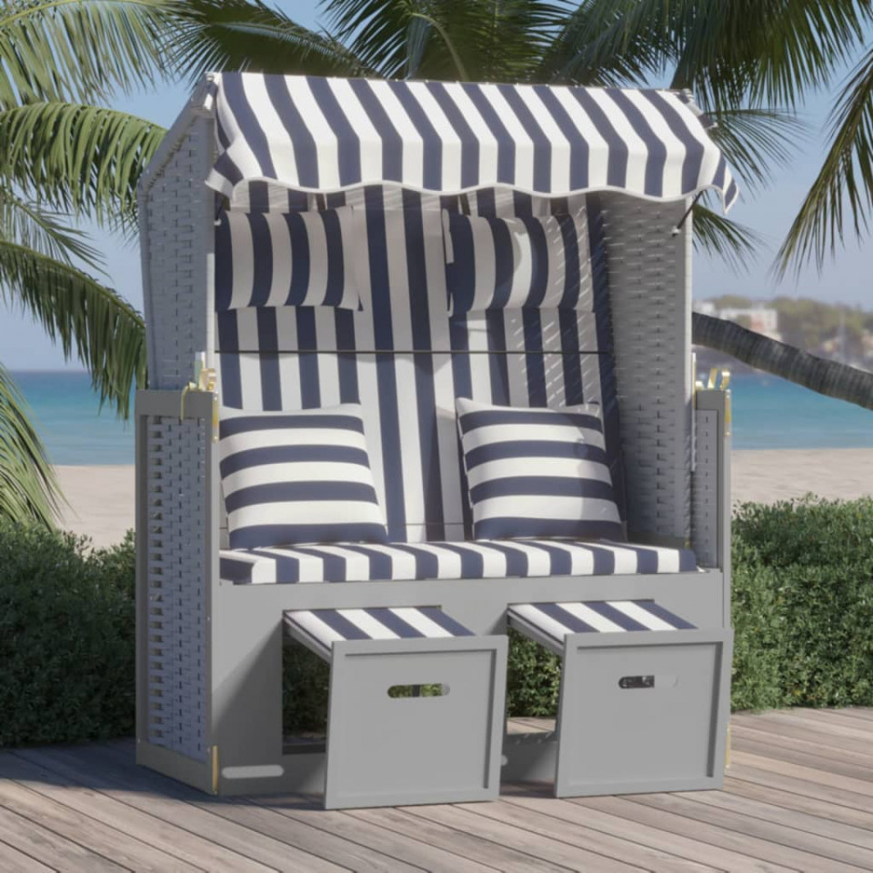 Scaun de plajă cu perne,albastru&alb,poliratan&lemn masiv Casa Practica