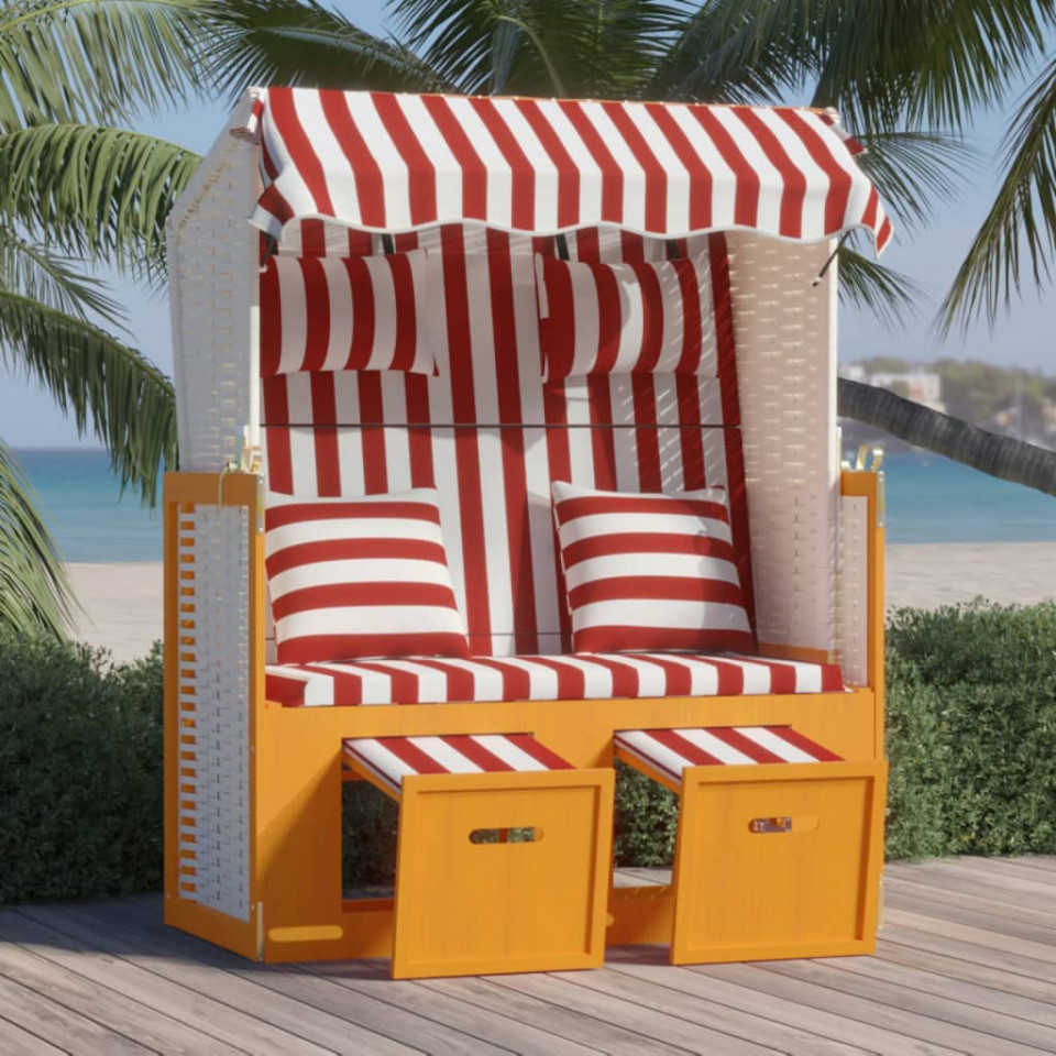 Scaun de plajă cu perne,roșu&alb, poliratan și lemn masiv Casa Practica