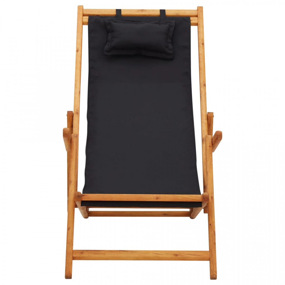 Scaun de plajă pliabil, negru, lemn masiv de eucalipt, textil