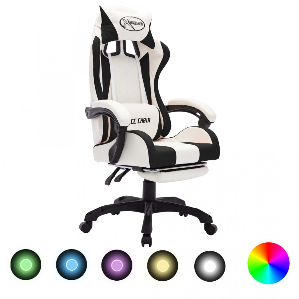 Scaun de racing cu LED RGB, negru și alb, piele ecologică