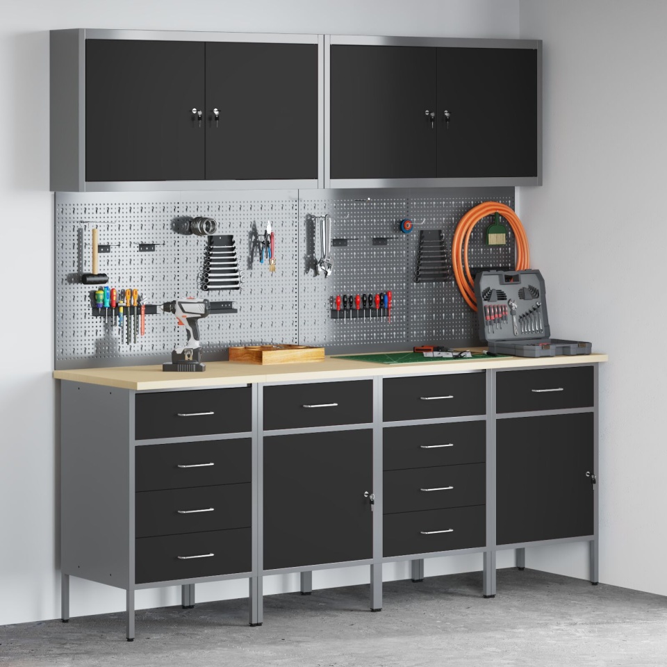 Set birou și tablă pegboard , 10 piese, MDF negru și metal