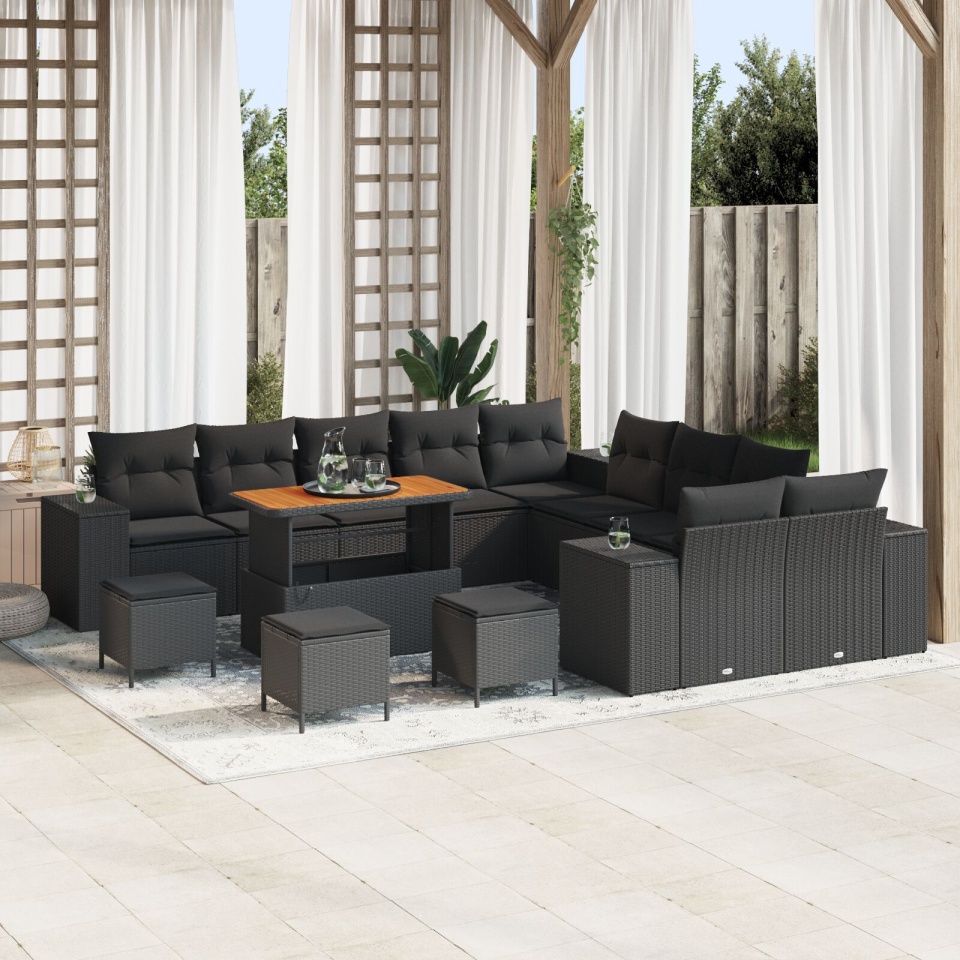 Set canapea grădină 14 piese cu perne Negru Poliratan Acacia, Set dining grădină 4 piese cu perne Negru Poliratan Acacia