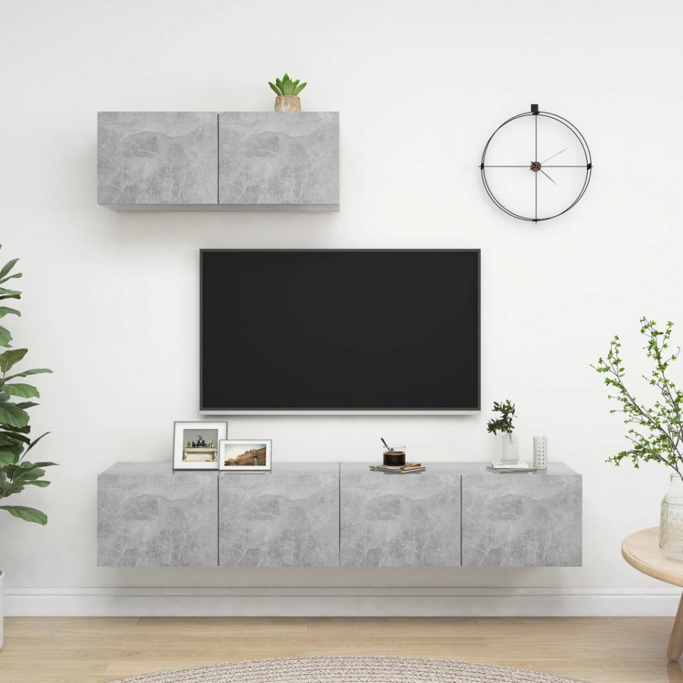 Set de dulapuri TV, 3 piese, gri beton, lemn prelucrat