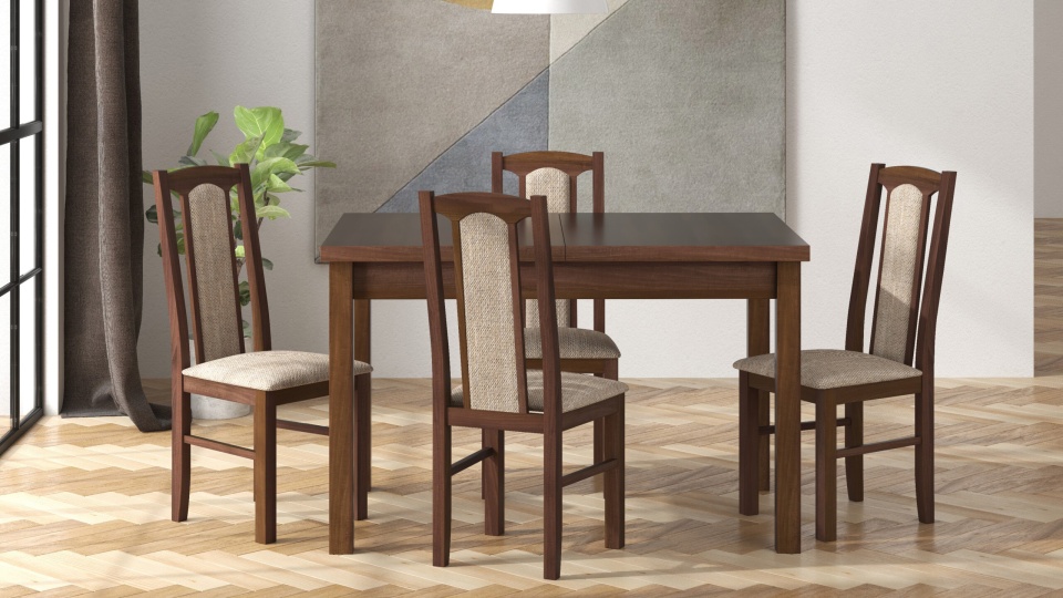 Set masa extensibila 120x150cm cu 4 scaune tapitate, mb-13 max5 si s-37 boss7 o2, nuc, lemn masiv, stofa