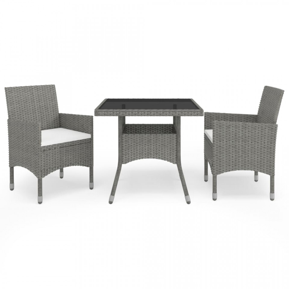 Set mobilier de exterior, 3 piese, gri, poliratan și sticlă