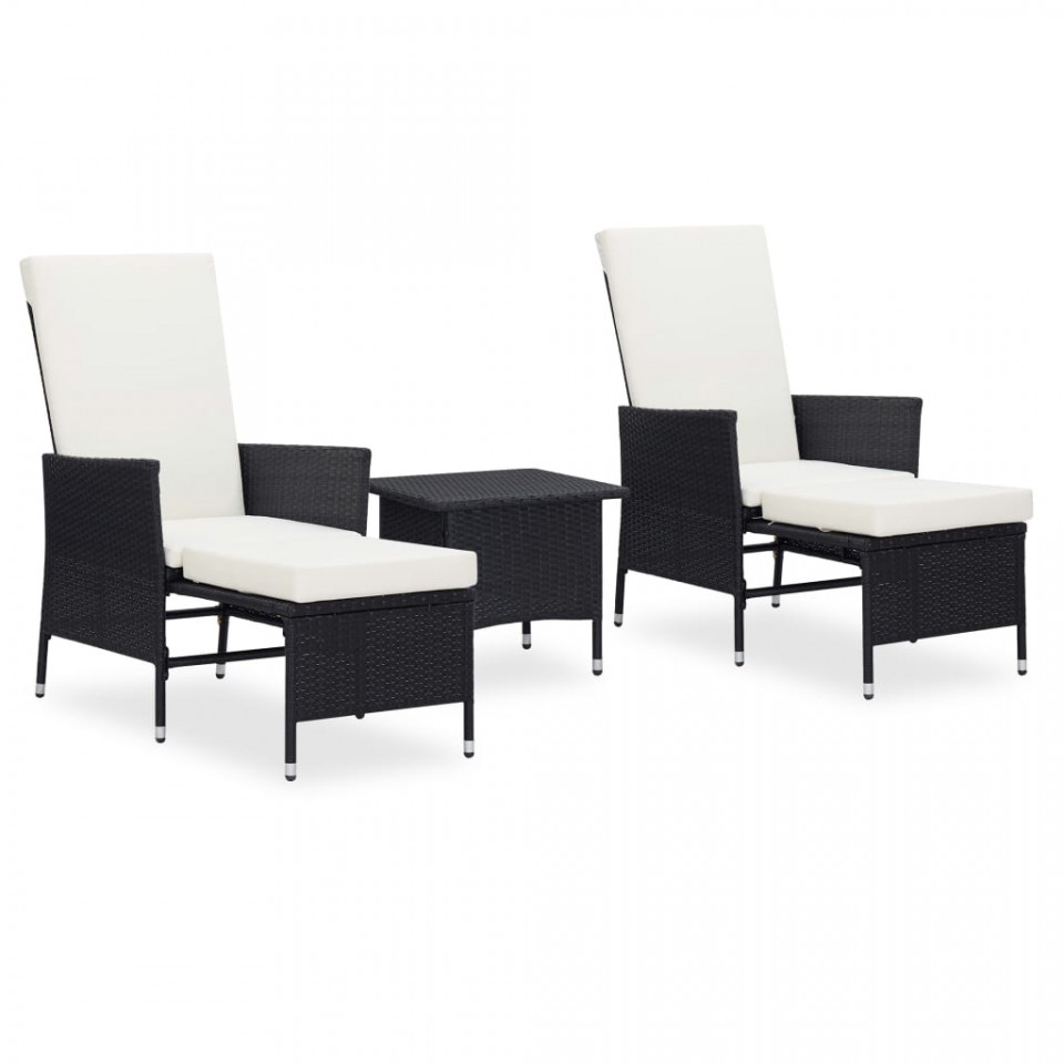Set mobilier de grădină cu perne, 3 piese, negru, poliratan