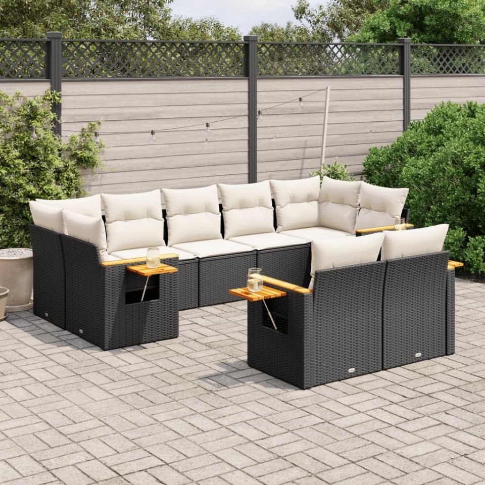 Set mobilier de grădină cu perne, 9 piese, negru, poliratan