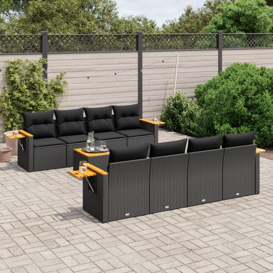 Set mobilier de grădină cu perne, 9 piese, negru, poliratan