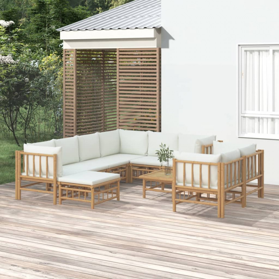 Poza Set mobilier de gradina, cu perne alb crem, 10 piese, bambus