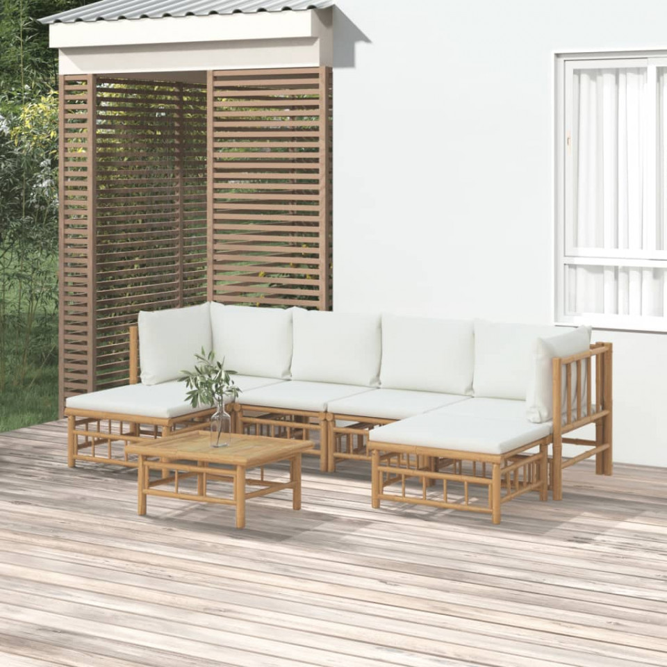 Poza Set mobilier de gradina cu perne alb crem, 7 piese, bambus