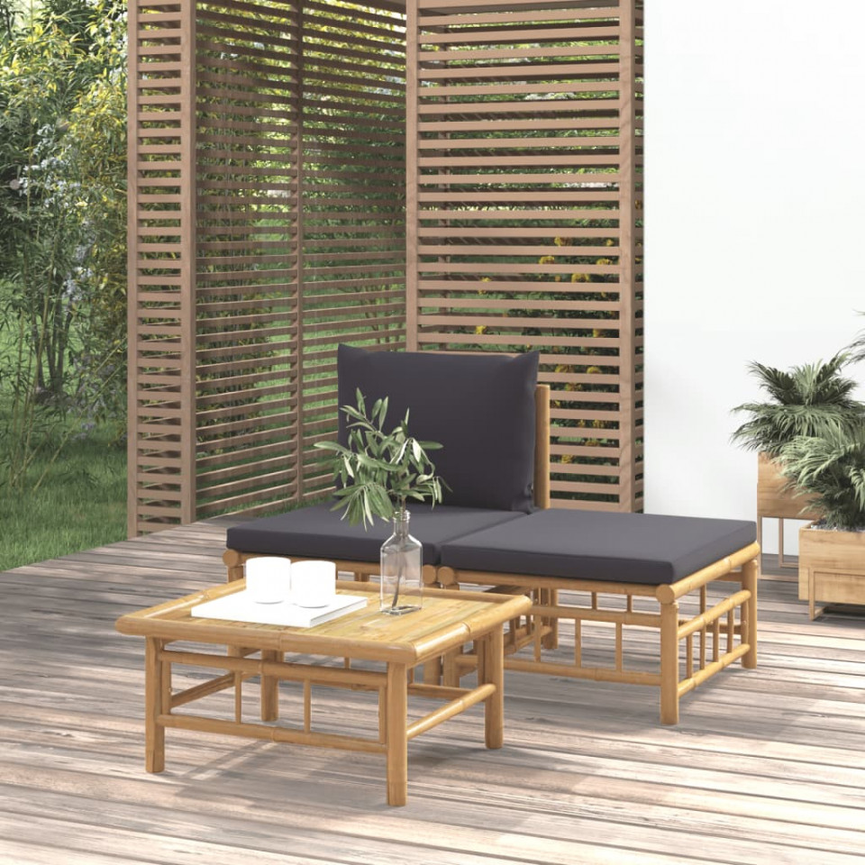 Poza Set mobilier de gradina, perne gri inchis, 3 piese, bambus