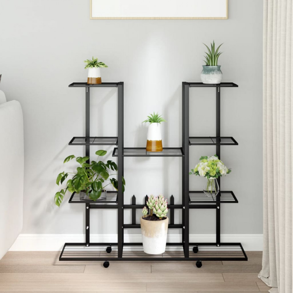Suport pentru flori cu roți, 94,5x24,5x91,5 cm, negru, fier