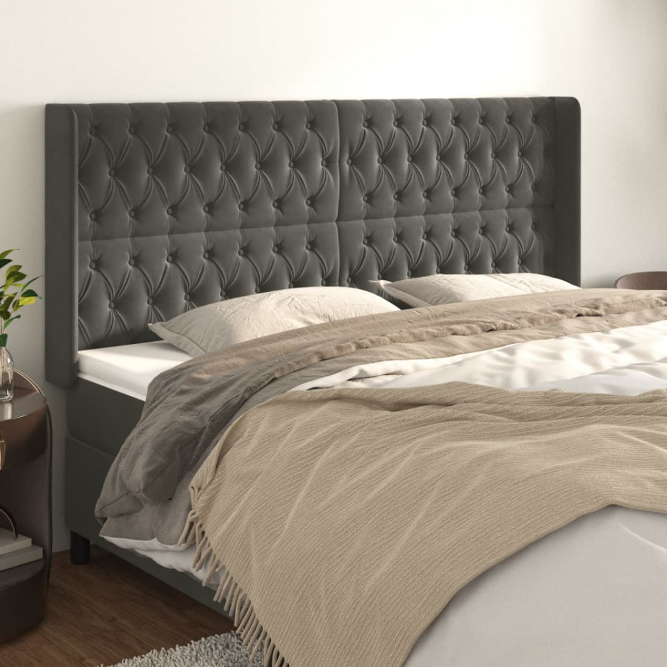 Tăblie de pat cu aripioare gri închis 203x16x118/128 cm catifea