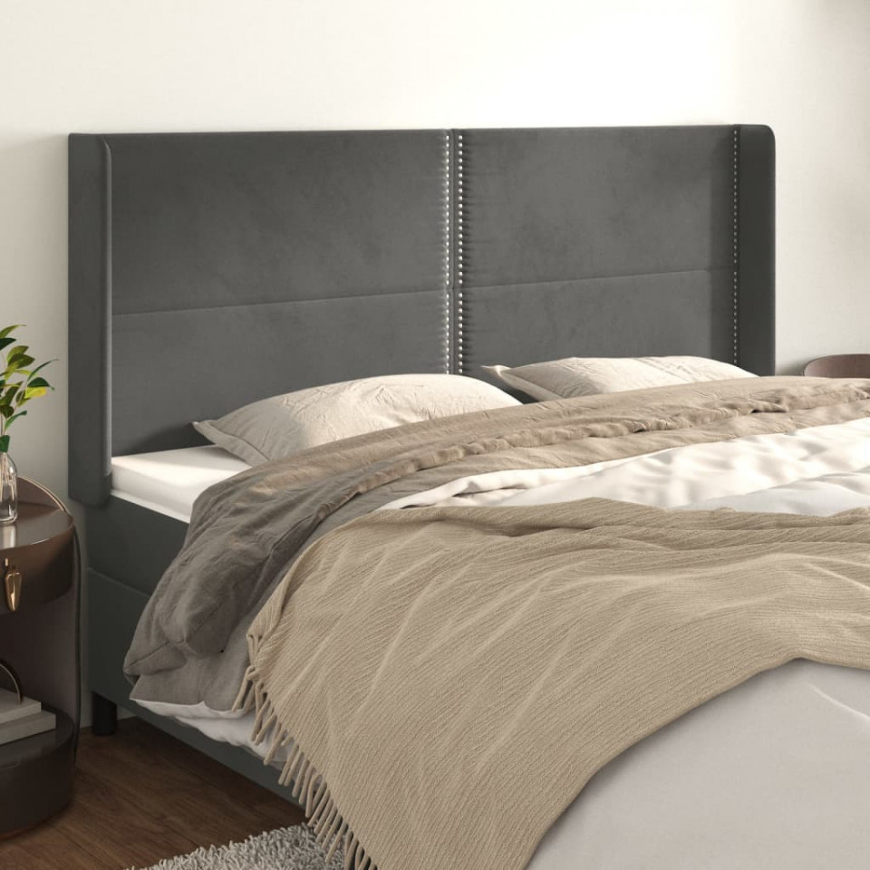 Tăblie de pat cu aripioare gri închis 203x16x118/128 cm catifea