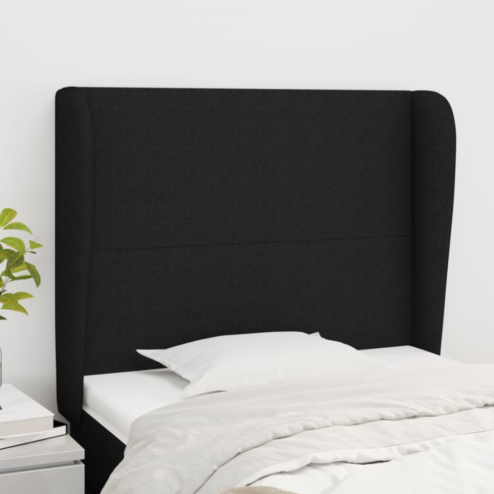 Tăblie de pat cu aripioare, negru, 103x23x118/128 cm, textil