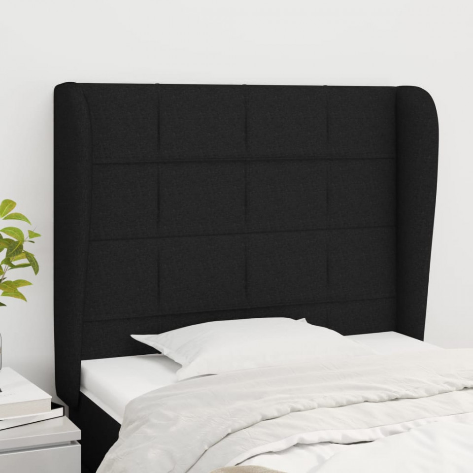 Tăblie de pat cu aripioare, negru, 93x23x118/128 cm, textil