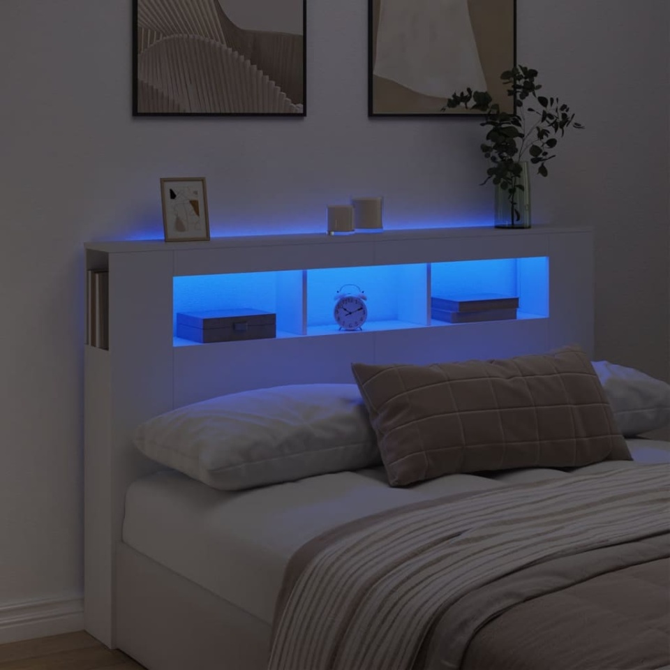 Tăblie de pat cu LED, alb, 160x18,5x103,5 cm, lemn