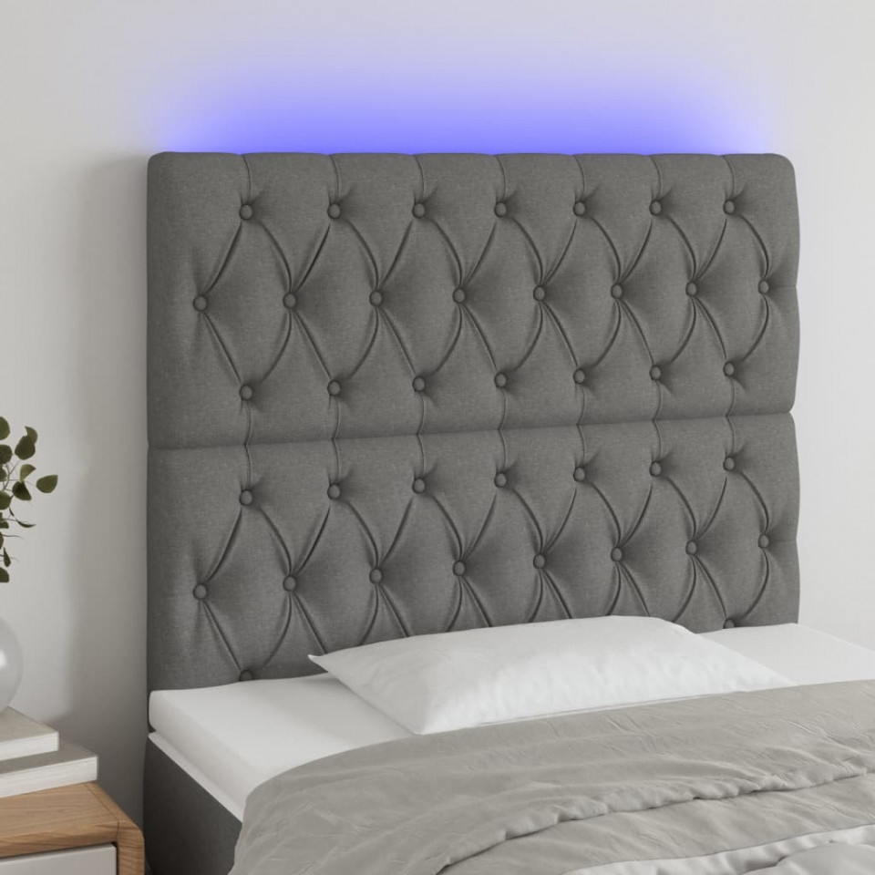 Tăblie de pat cu LED, gri închis, 100x7x118/128 cm, textil