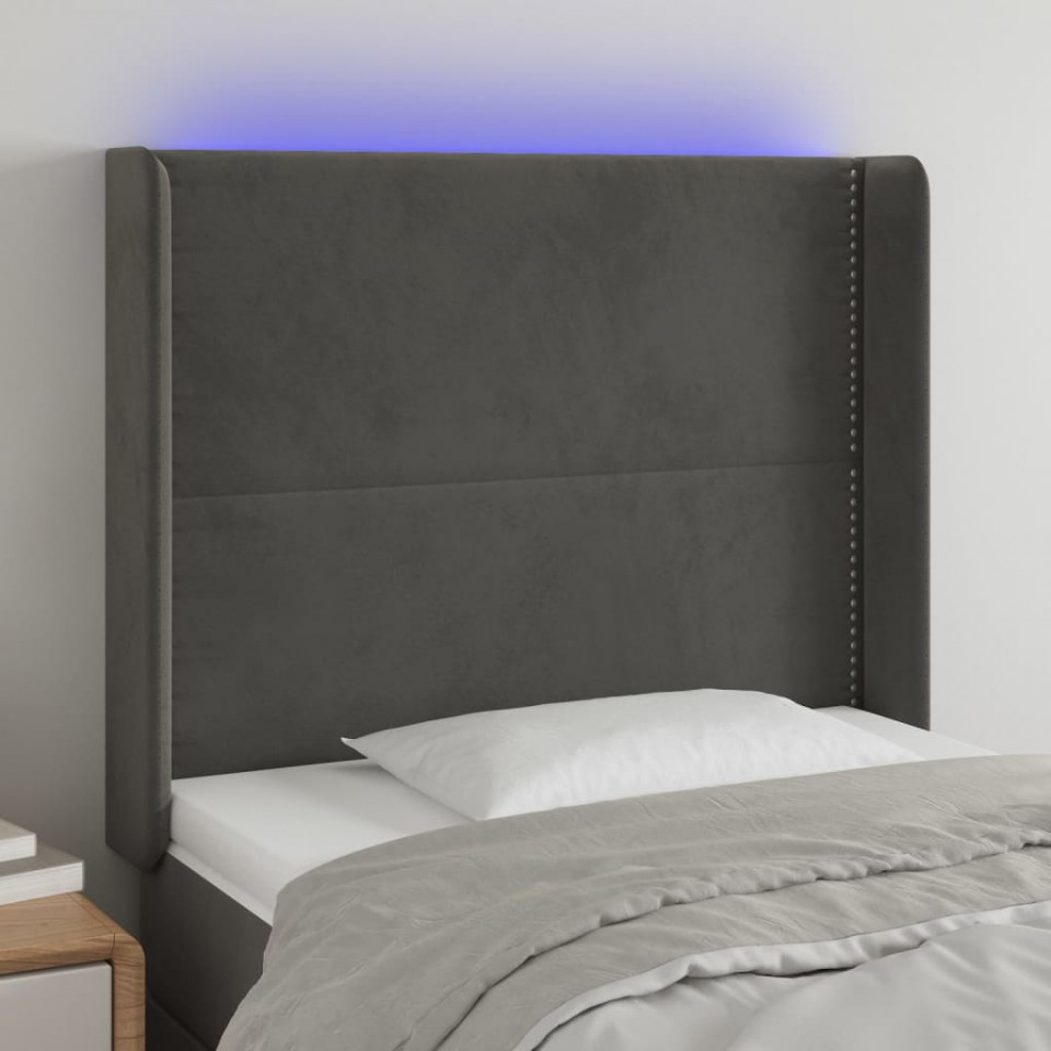 Poza Tablie de pat cu LED, gri inchis, 103x16x118/128 cm, catifea